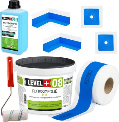 Zdjęcie produktu dla Zestaw do Hydroizolacji Folia w Płynie 4kg Taśma uszczelniająca 5mb Środek Gruntujący + Wałek malarski LEVEL+ SET290