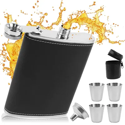 Edelstahl-Hüftflasche 220 ml mit Trichter & 4 Bechern, schwarz