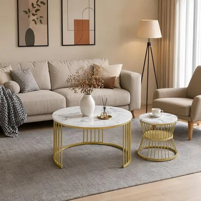 Produktbild von ProximaX Couchtisch Set 2-teilig rund Marmor Gold