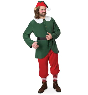 Produktbild von Kostüm Outfit Weihnachtself für Erwachsene - 4-teiliges Set: Oberteil Hose Mütze & Gürtel langarm Fleece (M)