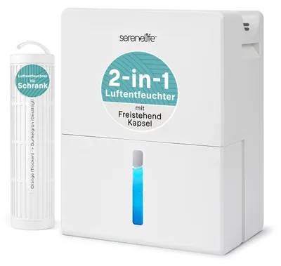 Zdjęcie produktu dla SereneLife – Odsączacz powietrza o pojemności 2,7 L, cichy, biały – urządzenie 2 w 1: nawilżacz i odwilżacz powietrza, idealny do sypialni