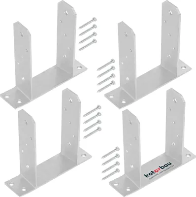 Four metal post brackets and screws are arranged on a white background.