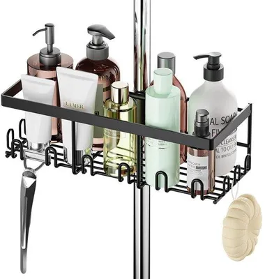 Image de Étagère de douche Unyqoos® en acier inoxydable, sans perçage, réglable en hauteur pour douches de 18 à 25 mm de diamètre, dimensions 30 x 12 x 9,7 cm, avec grille de fond pour shampoing et savon