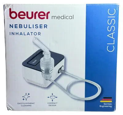 Produktbild von Beurer IH 16 Inhalator, Inhalationsgerät für Kinder und Erwachsene, bei Erkältungen und Atemwegserkrankungen der oberen und unteren Atemwege, einfache Reinigung, kompaktes Design, blau/weiß
