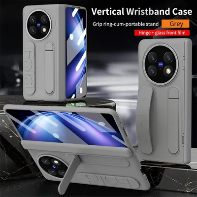Produktbild von Hülle für Vivo X Fold5 Armbandtasche mit Scharnierschutz, Eingebautem Displayschutz, Griff, Ständer Handyhülle Grau