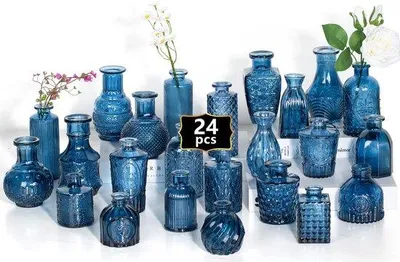 Obrázek produktu pro Sada 24 malých průhledných skleněných váz s víčky, na stolní dekorace, svatbu, recepci, do domácnosti, sklenice ve stylu vintage, modré, dekorativní skleněné vázy (24)