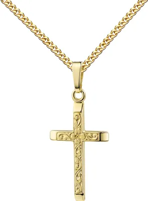 Produktbild von Kreuz Anhänger Gold 585 mit filigranem Blumenornament. Mit Kette 36 cm