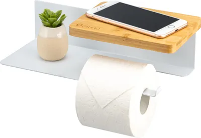 Image de eluno Distributeur de papier toilette VARAZ avec 2 étagères, distributeur de rouleaux de papier toilette autocollant, en métal blanc et bambou