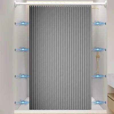 Image de Rideau de douche imperméable et pliable en lin – à fixation magnétique, résistant aux éclaboussures, anti-moisissure, gris, 80 x 200 cm