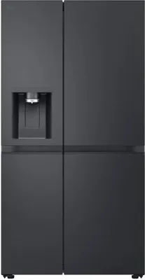 A front view of a black LG side-by-side refrigerator with a water dispenser.