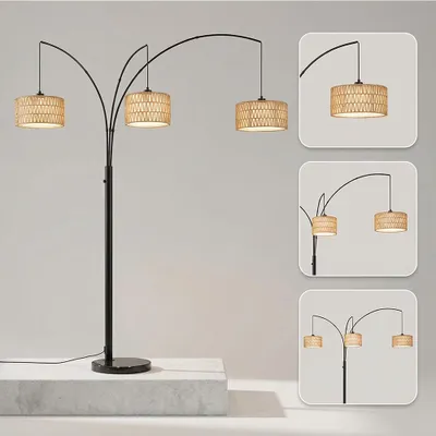 Immagine prodotto di Lampada ad arco a 3 luci con set di paralumi doppi, lampada da terra nera da 180 cm con paralumi in rattan e tessuto, lampada da terra vintage per soggiorno e camera da letto, design boho e moderno, incluse 3 lampadine a LED