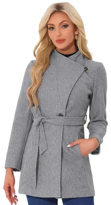 Produktbild von Allegra K Damen Klassischer Stehkragen Langarm Winter Gürtel Lange Mantel - Grau