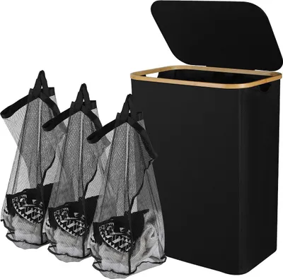 Produktbild von Faziango XXL Wäschekorb 160L mit Deckel und 3 Fächern, Faltbarer Wäschetrenner mit 3 herausnehmbaren Wäschesäcken, Wäschesammler, Schwarz