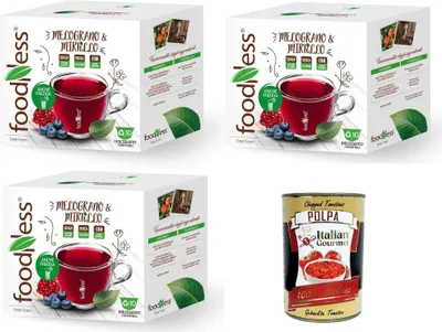 Produktbild von FoodNess - Heidelbeer- und Granatapfel-Kräutertee-Kapsel Dolce Gusto-kompatibles glutenfreies Getränk mit saurem und säuerlichem Geschmack 3 box mit 10 kapseln + Italian Gourmet polpa 400g
