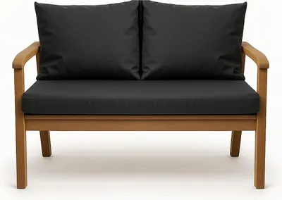 A studio shot of a two-seater outdoor sofa with black cushions.