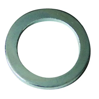 A single metal washer on a white background.