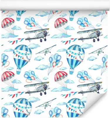 Produktbild von 10m VLIES TAPETE Rolle Kinderzimmer Ballons Luftzeuge Wolken Aquarell XXL