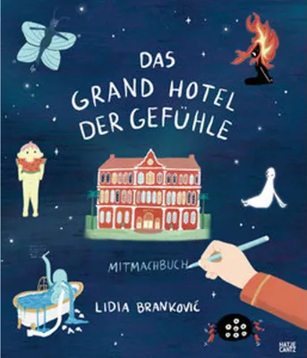 A book cover illustration with various whimsical characters and a central hotel building, set against a dark blue starry sky.