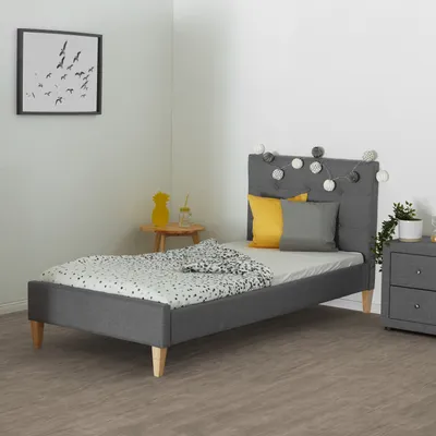 Image de Cadre de Lit Rembourré Lit Simple 90x200 Gris Sommier à Lattes Tête de Lit Tissue