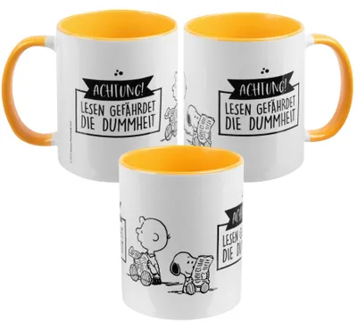 Produktbild von The Peanuts Tasse Snoopy - Achtung! Lesen gefährdet die Dummheit - Kaffeetasse Becher Kaffeebecher aus Keramik Gelb Weiß 320 ml