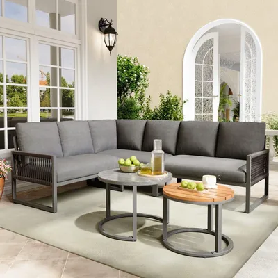 Produktbild von Gartenmöbel-Set für 6-7 Personen mit 2 Couchtischen & Kissen Grau Seilgeflecht-Design Garten-Lounge Ecksofa wetterfest