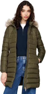 Produktbild von Tommy Jeans Damen Daunenmantel Essential Hooded Down Coat mit Kunstpelz, Grün (F