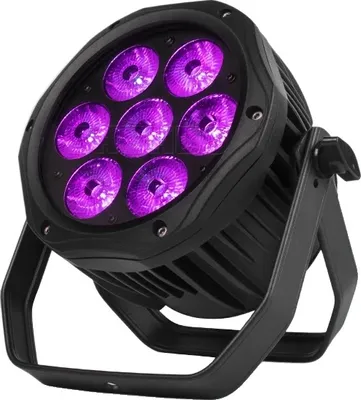 Zdjęcie produktu dla Oświetlenie sceniczne LED, 7x18W RGBWA+UV, wszechstronne sterowanie DMX, wodoodporne 7x18W, wtyczka EU