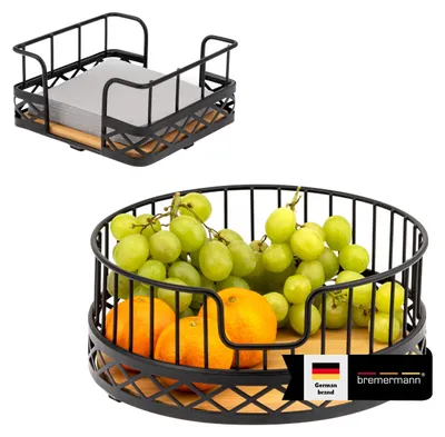 Image de bremermann Corbeille à fruits, set de 2 avec porte-serviettes, corbeille à fruits/à pain en bambou et métal