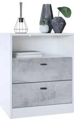 Produktbild von Vladon Kommode Pino V1,  Germany, Nachttisch mit 2 Schubladen & 1 offenem Fach, Weiß matt/Beton Oxid Optik ohne LED (56 x 67,5 x 36 cm)