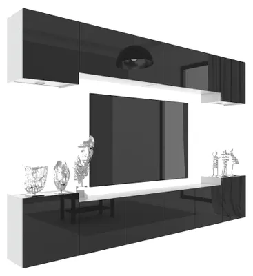Immagine prodotto di Combo da soggiorno BELINI MILANO 4, 300 cm - Nero lucido, set di mobili da soggiorno moderni, mobile TV a parete con sistema senza maniglie