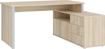 Produktbild von Forte TEMPRA 2 Schreibtisch 120, moderner Schreibtisch in L-Form mit Regal, 2 Türen, 3 Schubladen, Holzwerkstoff, Sonoma Eiche Holzdekor/Grau, 120,6 cm breit x 74,9 cm hoch x 151,4 cm tief