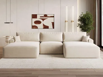 Produktbild von GrainGold Ecksofa U-Form Serene - Ecksofa mit Schlaffunktion, Bettkasten - Moderne Ecksofa, Wohnzimmer Sofa - Eckcouch mit Velvet-Stoff - Beige (Castel 15)