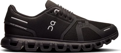 A side view of a black ON Cloud running shoe against a white background.