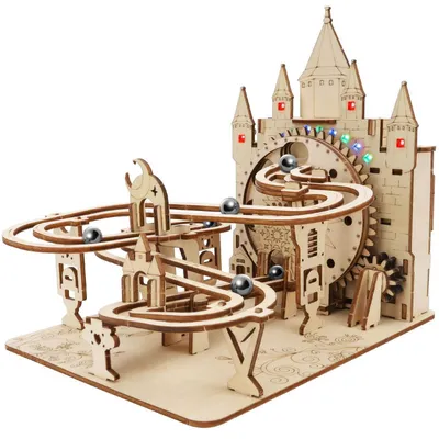 Immagine prodotto di Puzzle in legno 3D, set per la costruzione di una pista per biglie, 92 pezzi, con 4 biglie in acciaio, kit fai-da-te
