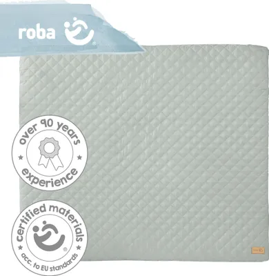 A quilted baby changing pad with brand logos and certification badges.