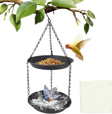 Productafbeelding van Unyqoos® Hangende vogelbad, met een ontwerp in twee niveaus – weerbestendig PP-materiaal met afgeronde randen, inclusief S-haken, en een voer- en drinkplaats voor tuin en balkon