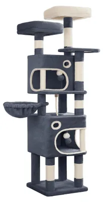 Image de Arbre à chat pour chats d'intérieur - Arbre à chat à 4 niveaux - 8 poteaux à griffer - 3 plateformes de repos - 2 niches et un hamac - Chanvre - Gris foncé