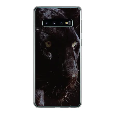 A close-up of a black panther's face is displayed on a phone case.