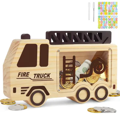 Sparschwein aus Holz, groß, Feuerwehrauto für Kinder