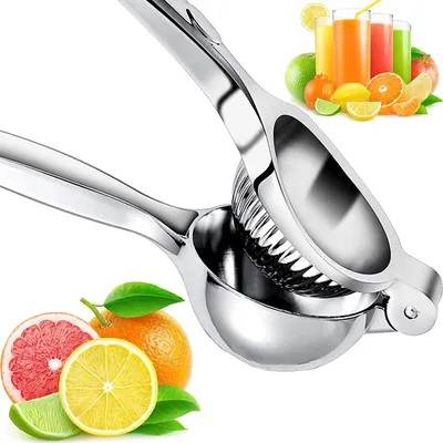 A manual citrus juicer is shown with various citrus fruits and glasses of juice in the background.
