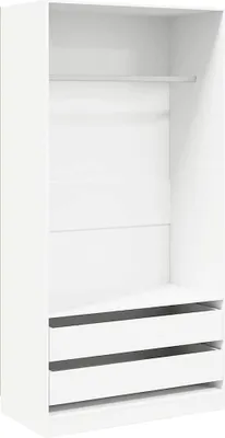 An empty white wardrobe interior with a hanging rod and two drawers.
