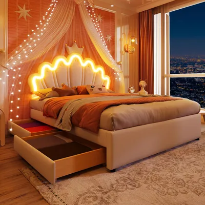 Image de Merax Lit rembourré 140x200cm, lit de princesse avec lumières LED, tête de lit réglable, 2 tiroirs, design couronne, PU, lit enfant, lit adolescent, blanc