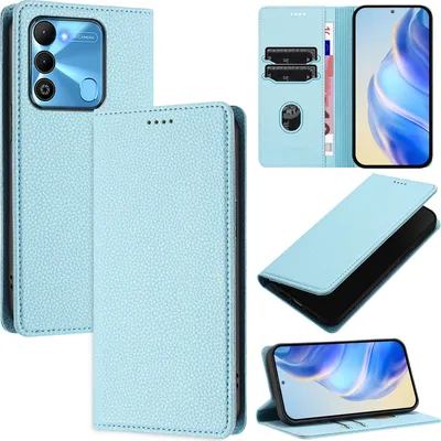 Produktbild von Litchi Leder Handyhülle für Tecno Spark Go 2022/Spark 8C/Spark 9 Wallet Kartenfächer Standfunktion Hülle Hellblau