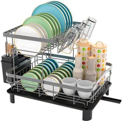 Obrázek produktu pro Unyqoos® Dvoupatrový odkapávací stojan – odkapávací stojan o rozměrech 43×33×33 cm, šedá barva, s držákem na příbory a 4 držáky na hrnky, s povrchovou úpravou odolnou proti korozi