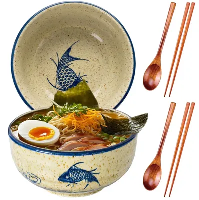 Keramik Ramen Schalen Set 1200 ml, 2er Set mit Stäbchen und Löffel