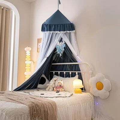 Image de Moustiquaire 65 x 270 cm pour lit d'enfant Bleu marine Lit d'enfant Baldaquin à pompons Moustiquaire à deux étages Baldaquin