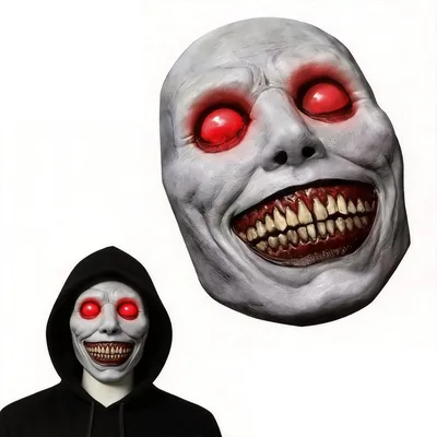 Gruseliges Latex-Masker mit LED-Augen, lachender Dämon, weiß