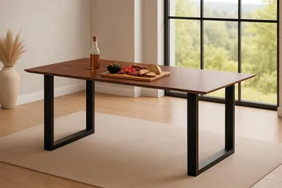 Produktbild von Refurbished Möbelretoure Esstisch 180x90 cm Akazie massiv kastaniefarben Schweizer Kante U-Gestell schwarz RITA
