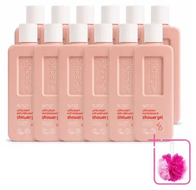 Imagen del producto de 12 unidades de gel de ducha Seepje, aroma de melocotón blanco y cedro, 300 ml, pack ahorro