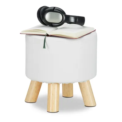 Produktbild von Relaxdays Hocker Kunstleder, gepolstert, 4 Holzbeine, flacher Fußhocker, runder Dekohocker, H x D: 30 x 30 cm, weiß